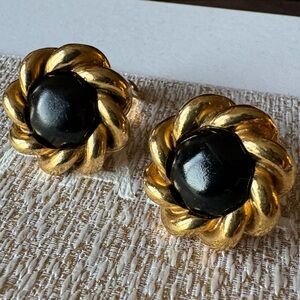 Chanel Vintage Gold & Black Gripoix Button Clip On Earrings